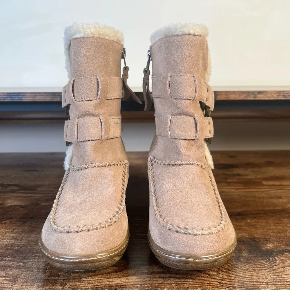 SoftWalk Leather Boots Tan Faux Fur Lined Side Buckles Wedge Heel Women's 7